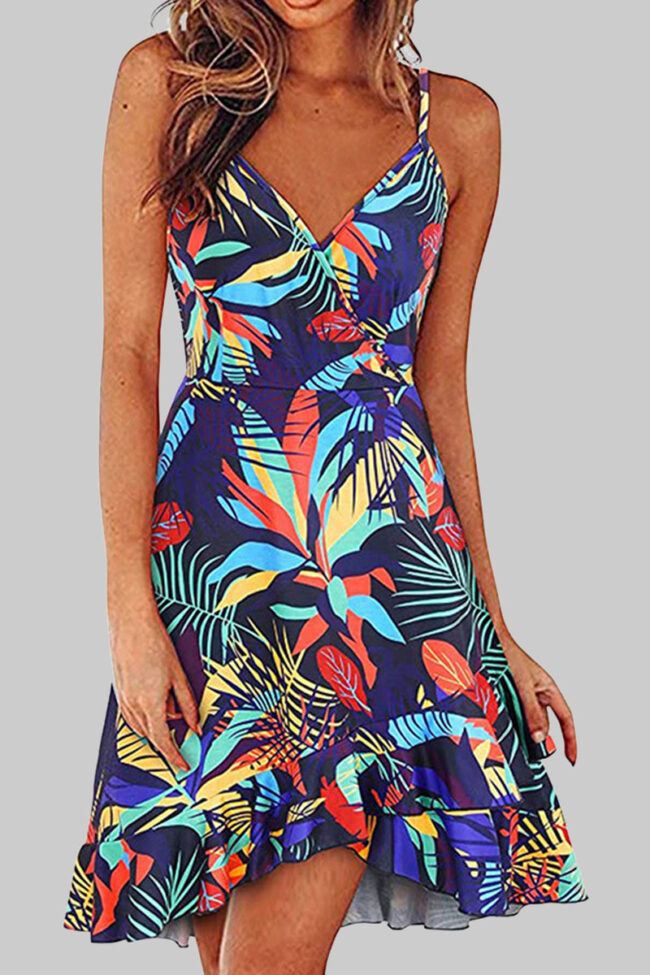 Fashion Street Print Split Joint V Neck A Line Dresses