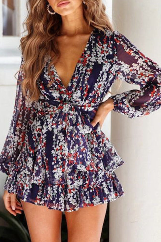 Fashion Street Print Frenulum V Neck Loose Jumpsuits