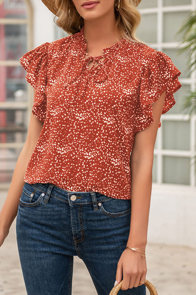 Fashion Elegant Print Split Joint V Neck Tops