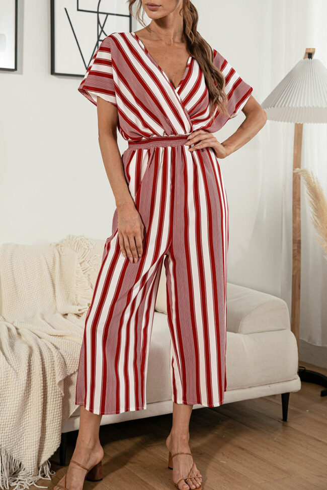 Fashion Casual Striped Split Joint V Neck Loose Jumpsuits