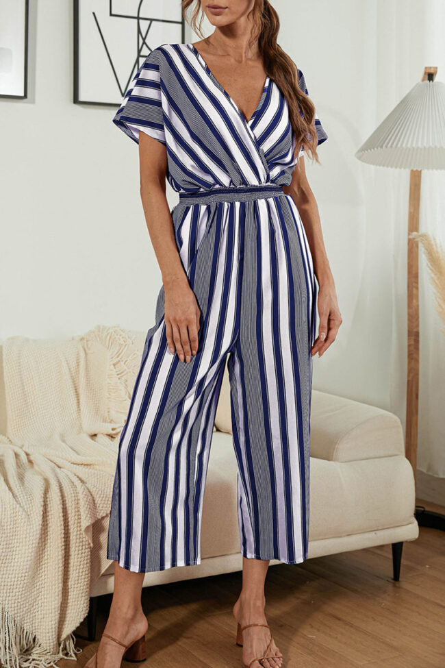 Fashion Casual Striped Split Joint V Neck Loose Jumpsuits