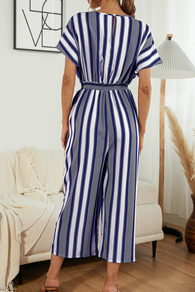 Fashion Casual Striped Split Joint V Neck Loose Jumpsuits