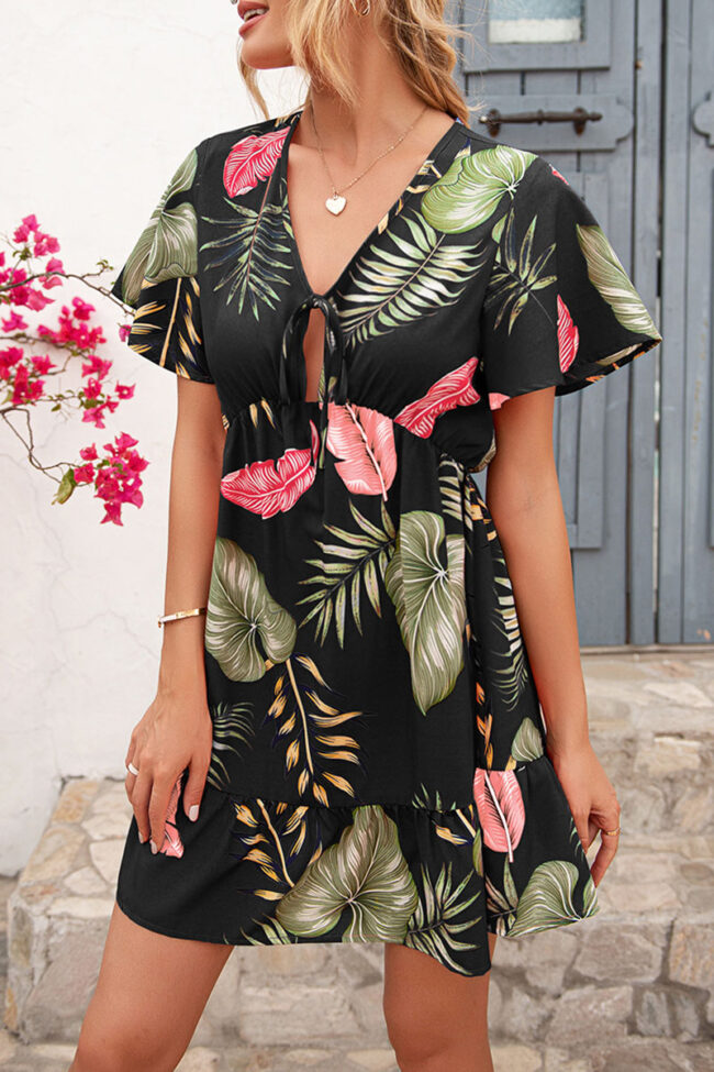 Fashion Casual Print Frenulum V Neck A Line Dresses