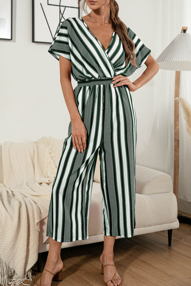 Fashion Casual Striped Split Joint V Neck Loose Jumpsuits