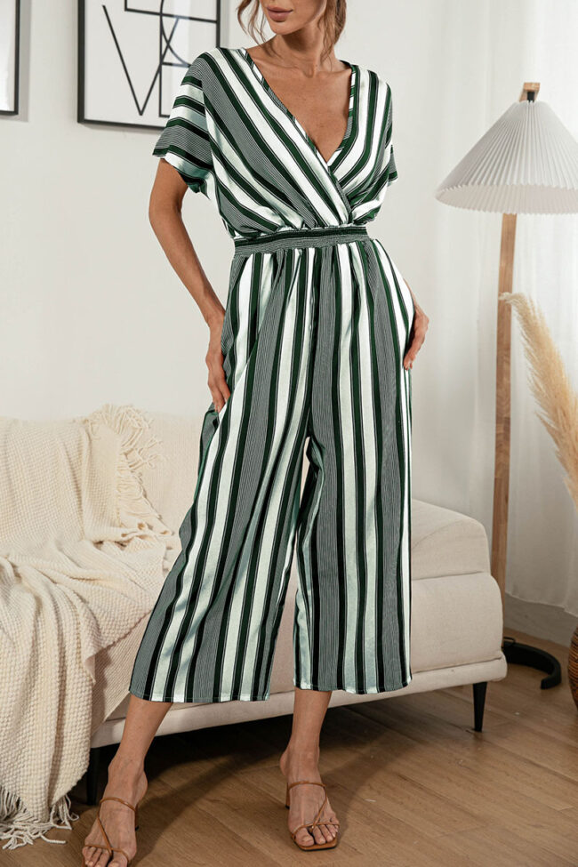 Fashion Casual Striped Split Joint V Neck Loose Jumpsuits