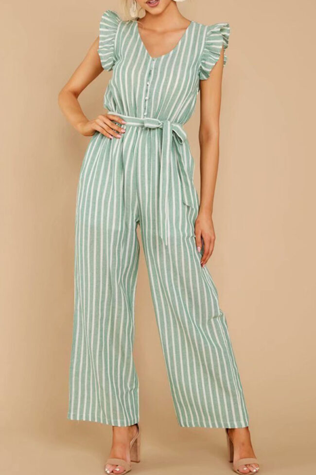 Fashion Casual Striped Split Joint V Neck Loose Jumpsuits