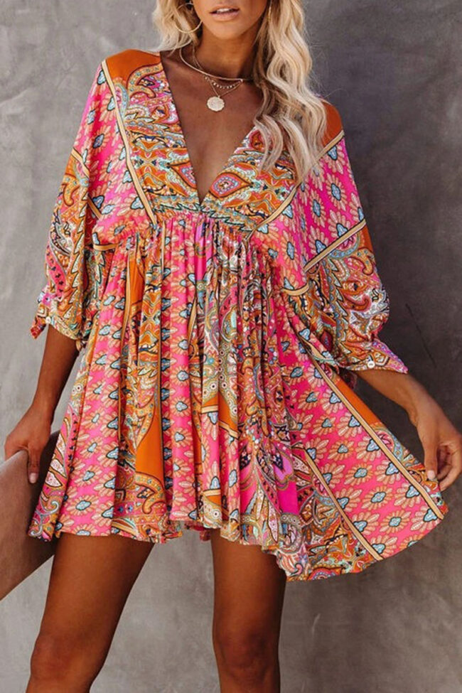 Fashion Sweet Print Split Joint V Neck A Line Dresses