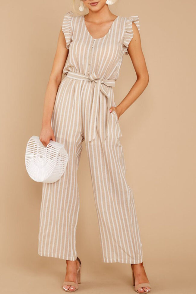 Fashion Casual Striped Split Joint V Neck Loose Jumpsuits