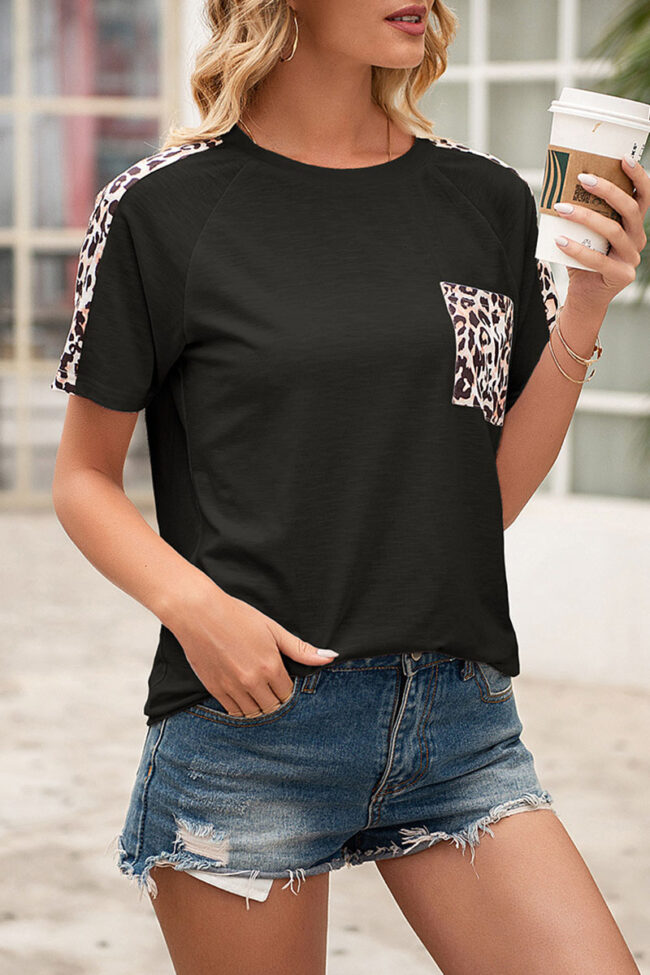 Fashion Casual Leopard Split Joint O Neck T-Shirts