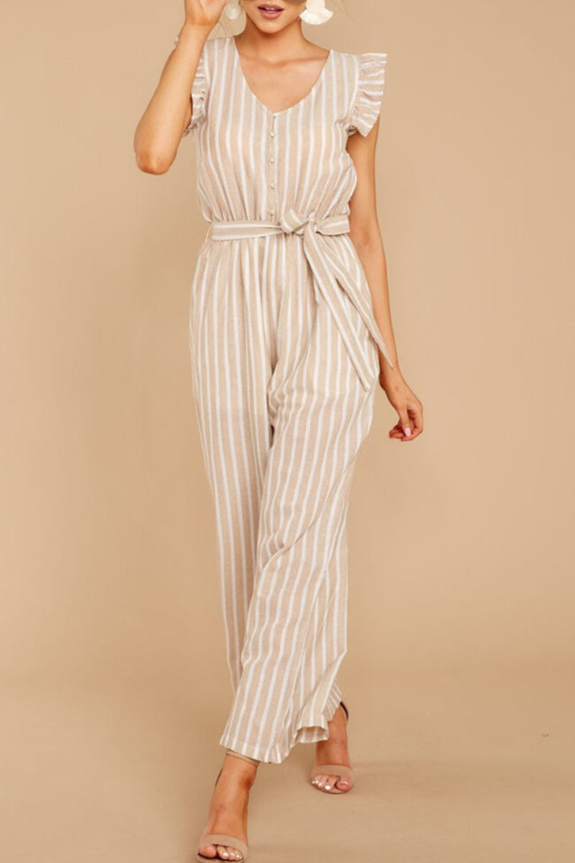 Fashion Casual Striped Split Joint V Neck Loose Jumpsuits