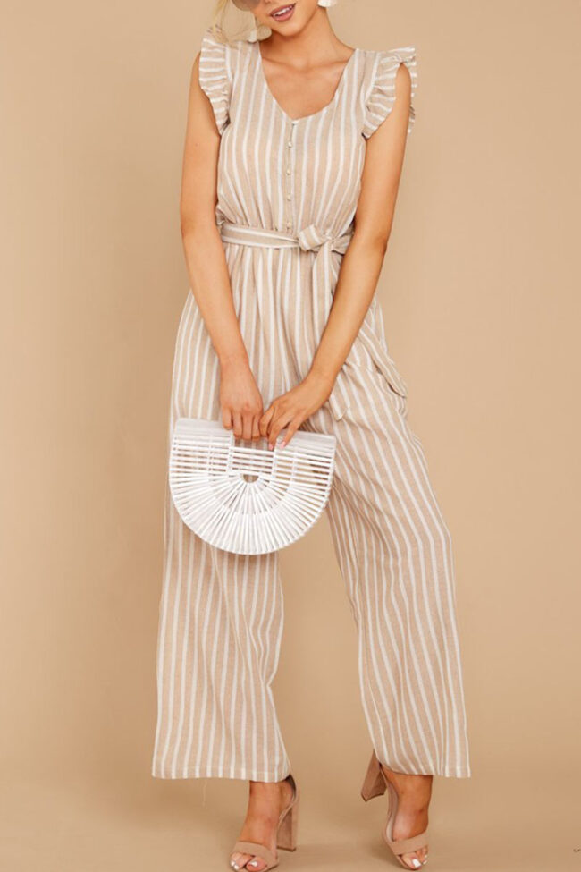 Fashion Casual Striped Split Joint V Neck Loose Jumpsuits