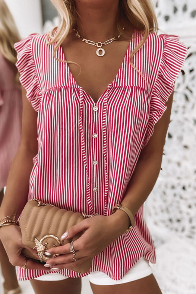 Fashion Casual Striped Split Joint V Neck Tops