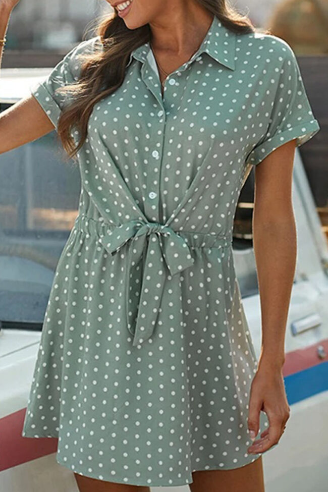 Fashion Casual Dot Split Joint Turndown Collar A Line Dresses