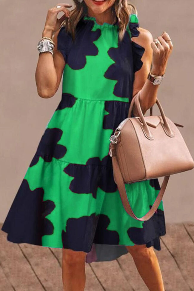 Fashion Simplicity Print Split Joint O Neck A Line Dresses