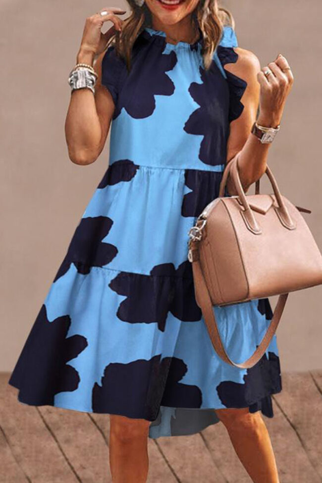 Fashion Simplicity Print Split Joint O Neck A Line Dresses