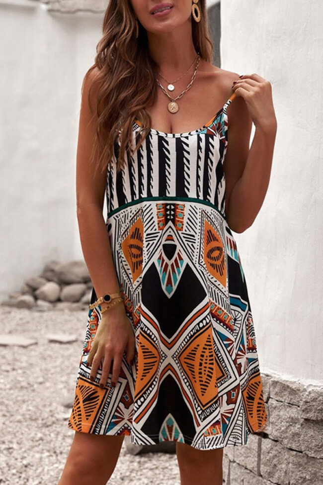 Geometric Print Split Joint Spaghetti Strap Princess Dresses