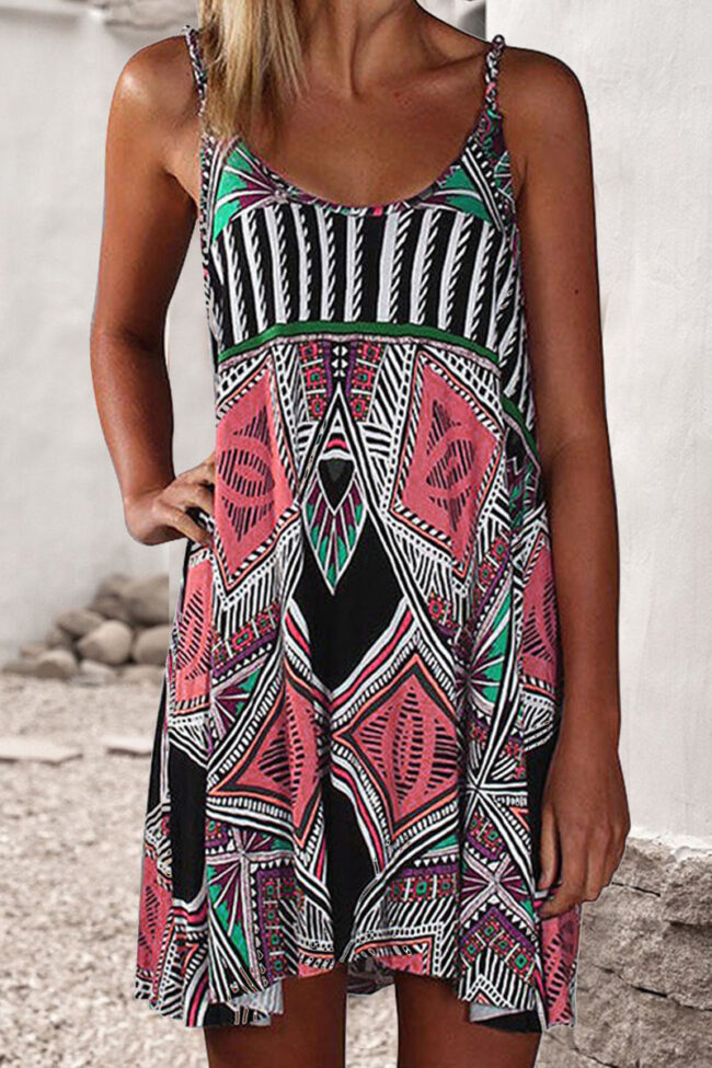 Geometric Print Split Joint Spaghetti Strap Princess Dresses