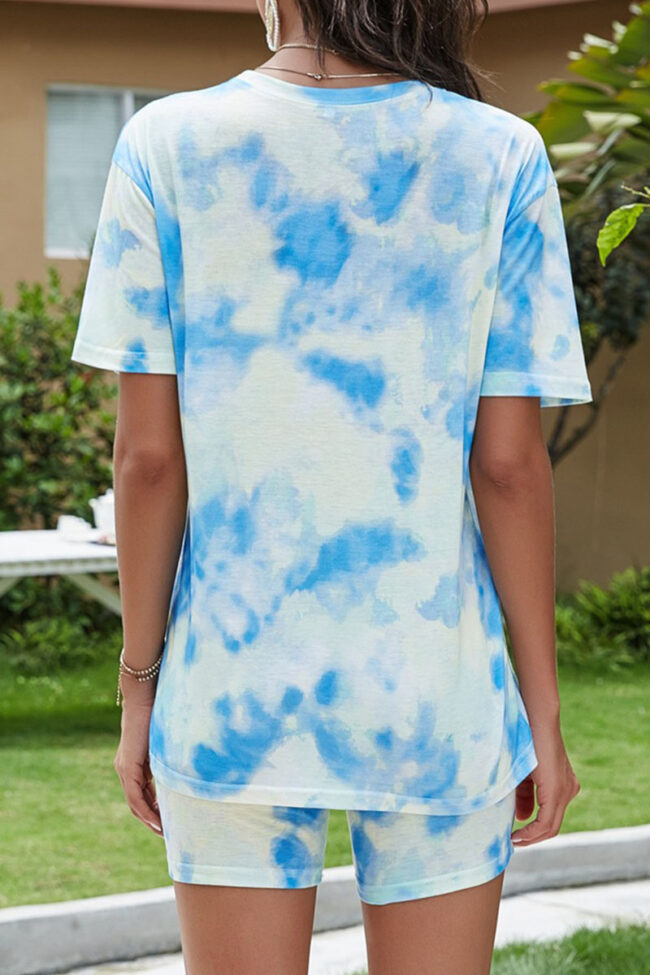 Casual Tie Dye Split Joint O Neck Short Sleeve Two Pieces