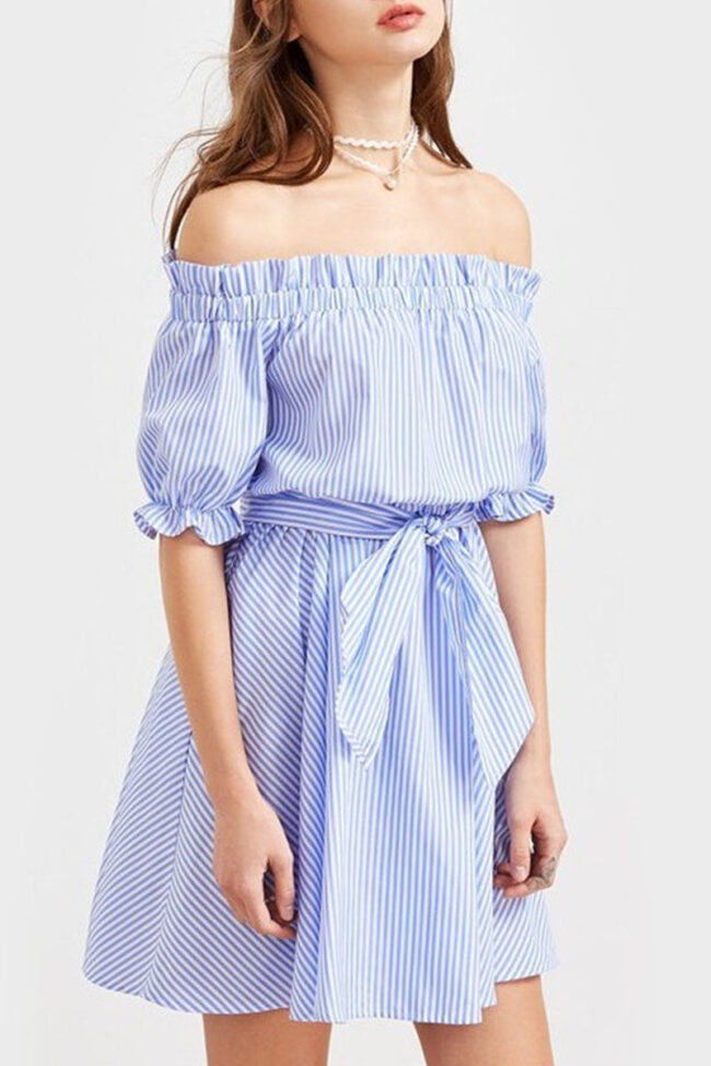 Casual Striped Split Joint Off the Shoulder A Line Dresses