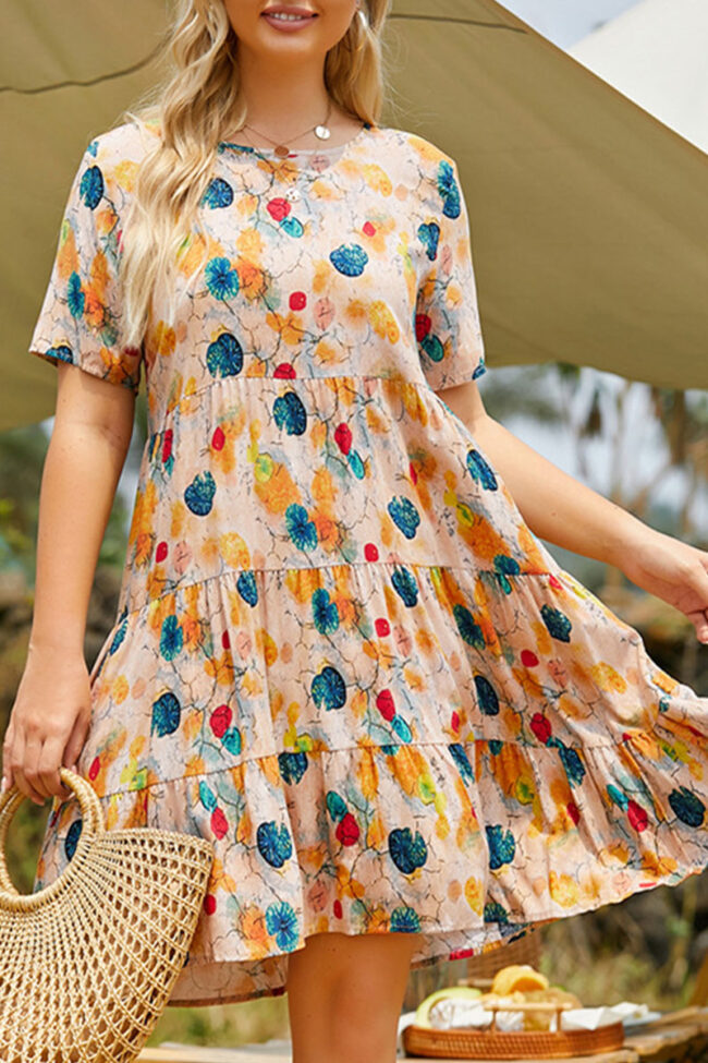 Casual Print Split Joint O Neck Princess Plus Size Dresses