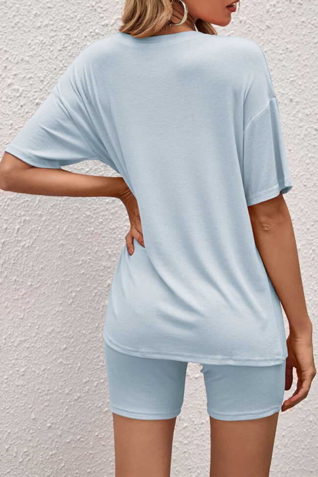 Sportswear Solid Split Joint O Neck Short Sleeve Two Pieces