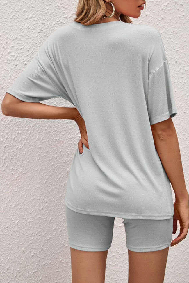 Sportswear Solid Split Joint O Neck Short Sleeve Two Pieces