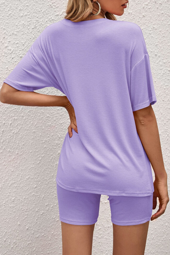 Sportswear Solid Split Joint O Neck Short Sleeve Two Pieces