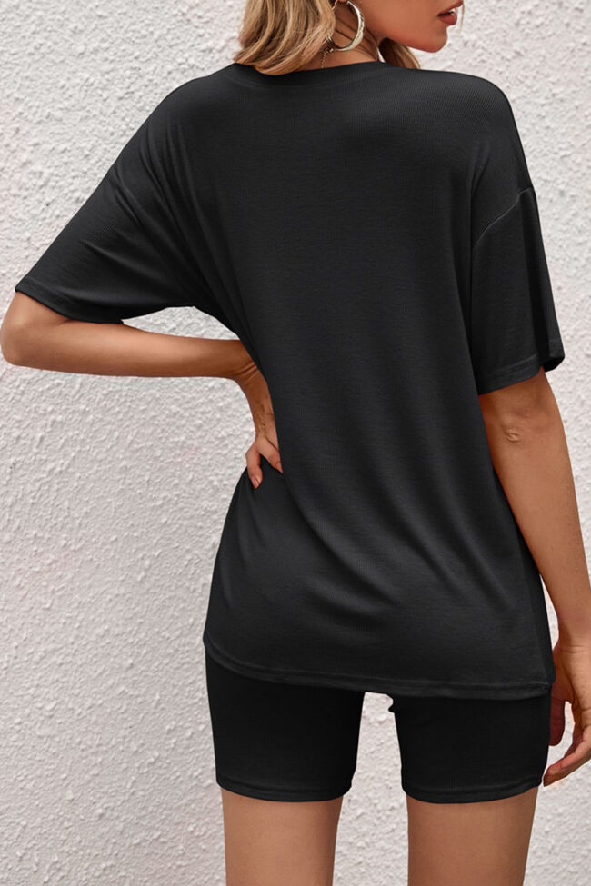 Sportswear Solid Split Joint O Neck Short Sleeve Two Pieces