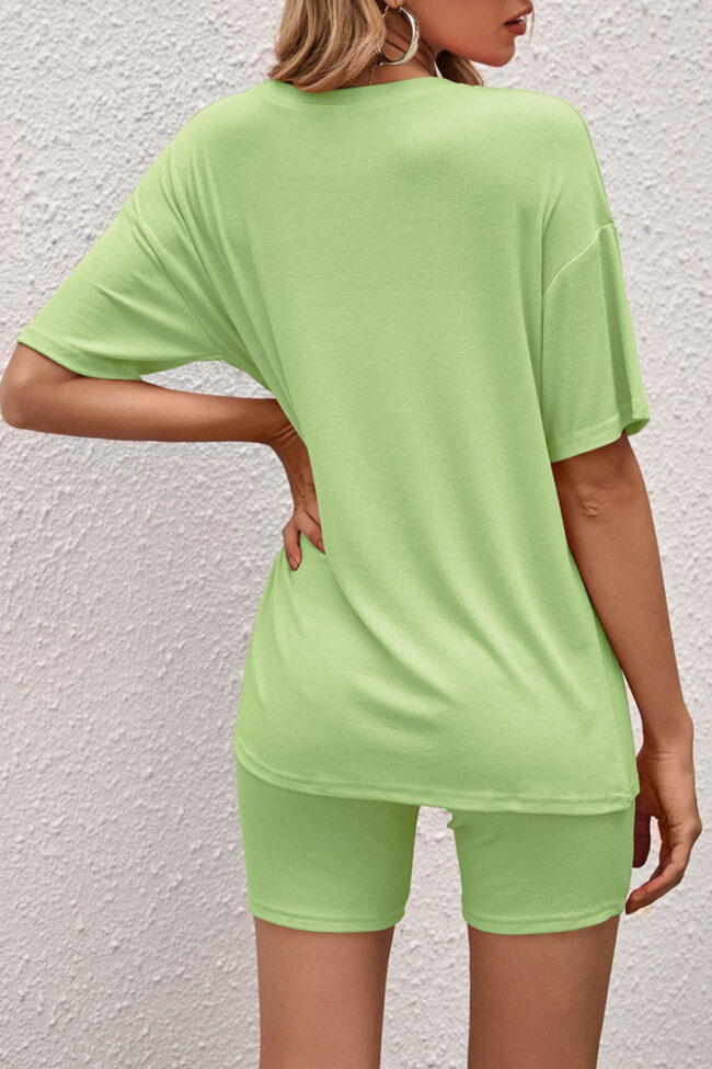 Sportswear Solid Split Joint O Neck Short Sleeve Two Pieces