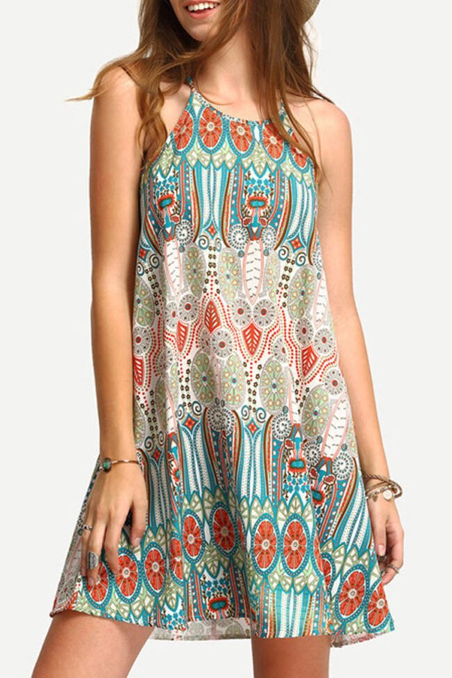 Fashion Street Print Split Joint O Neck A Line Dresses