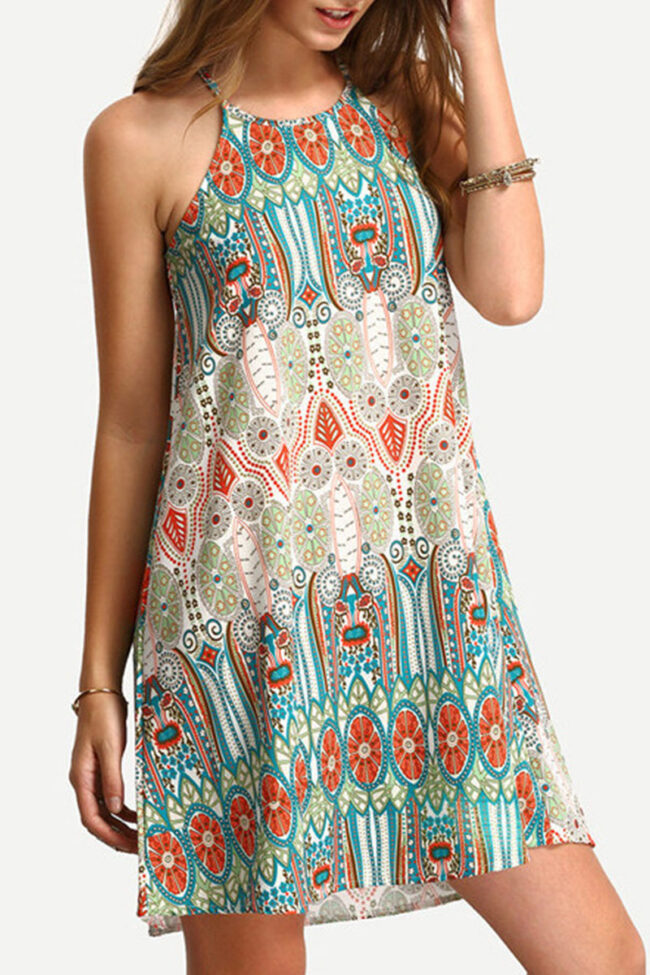 Fashion Street Print Split Joint O Neck A Line Dresses