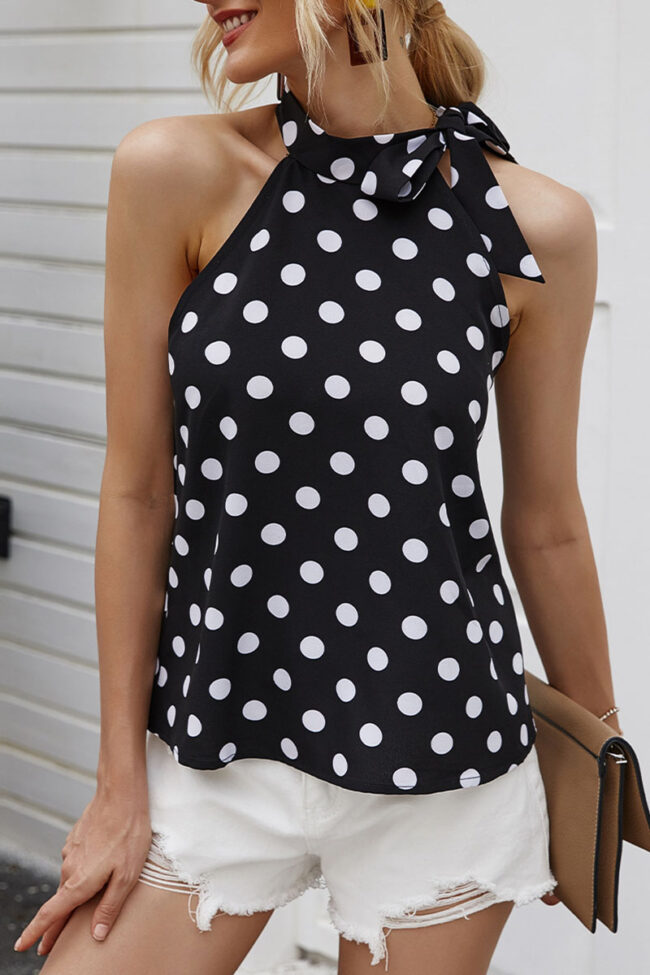 Fashion Elegant Dot Bandage O Neck Tops