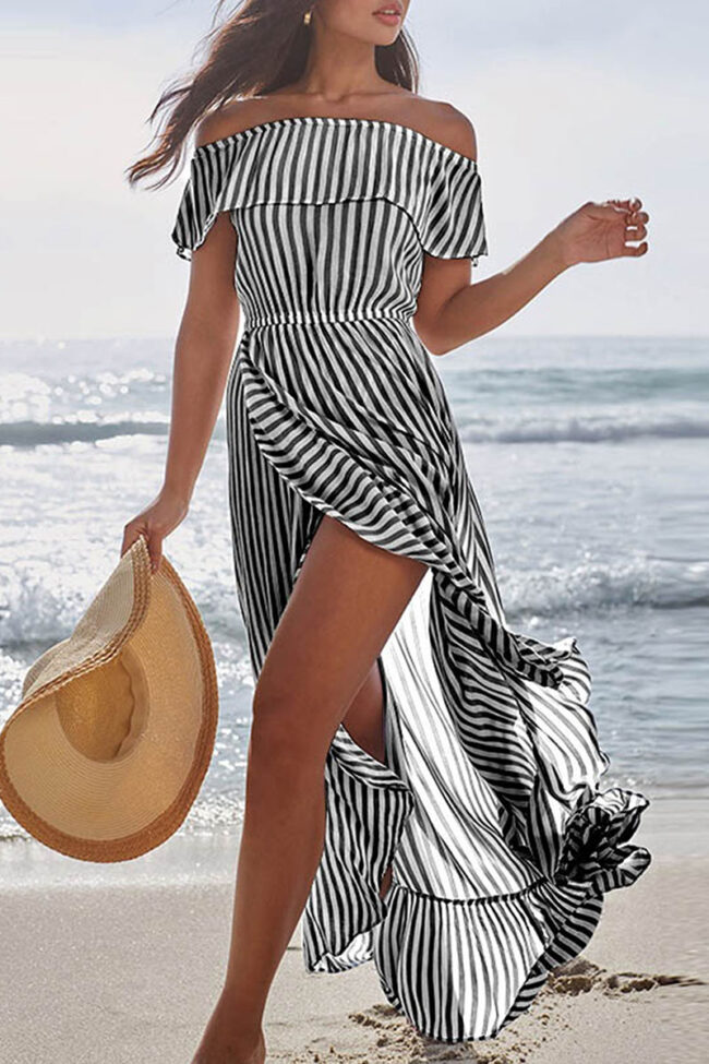 Street Striped Split Joint Off the Shoulder Irregular Dresses