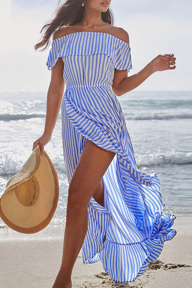 Street Striped Split Joint Off the Shoulder Irregular Dresses