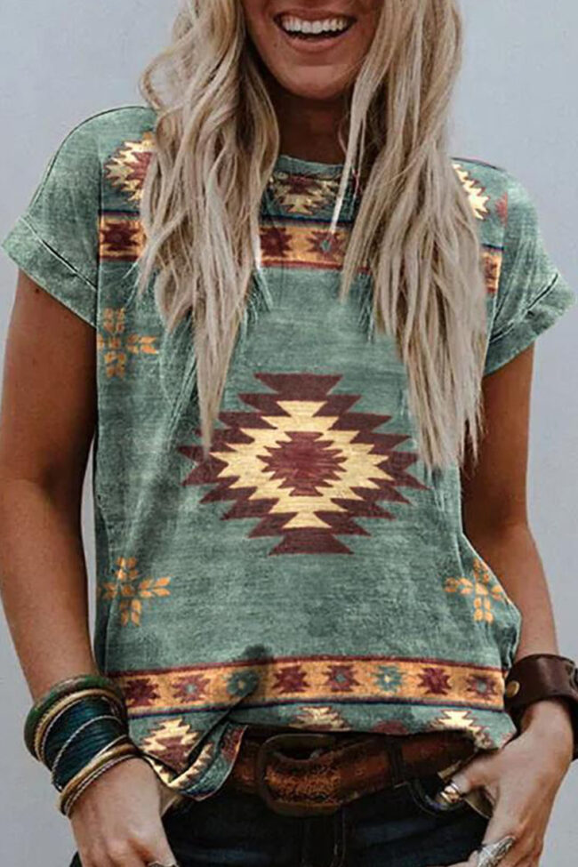 Fashion Casual Print Split Joint O Neck T-Shirts