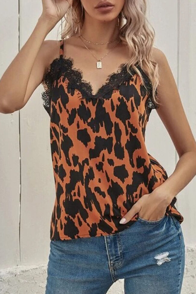 Fashion Street Leopard Split Joint V Neck Tops