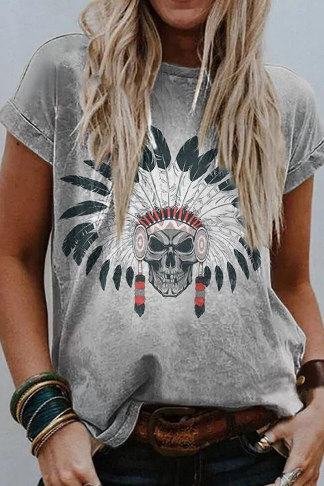 Fashion Casual Print Split Joint O Neck T-Shirts