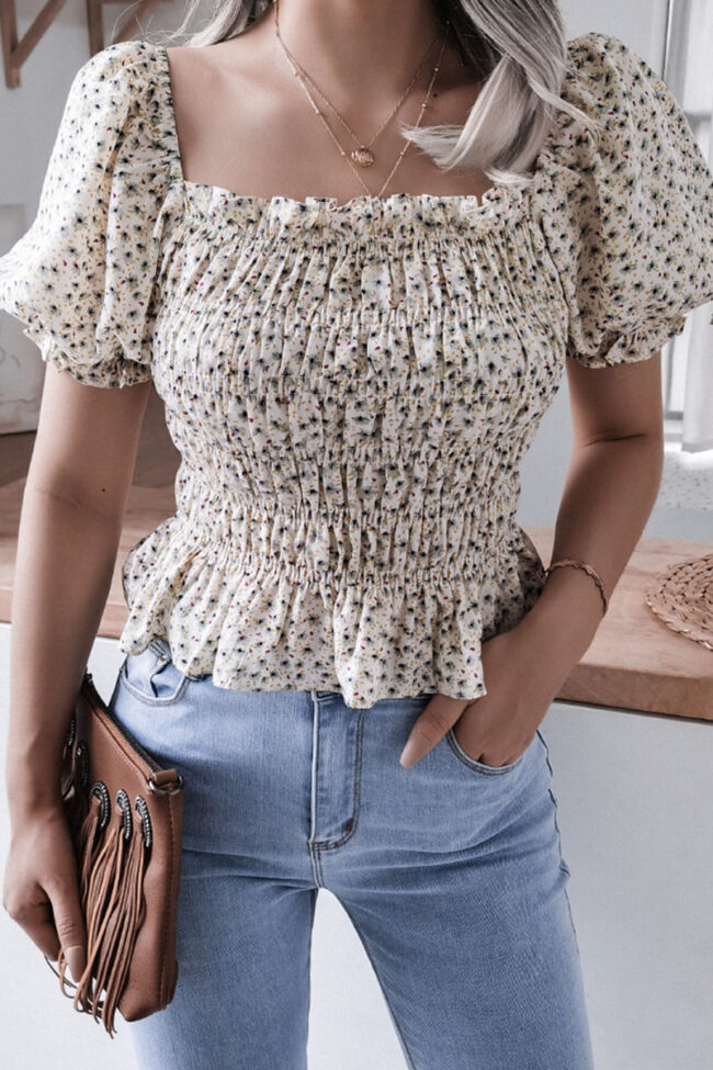 Fashion Casual Print Split Joint Square Collar Tops