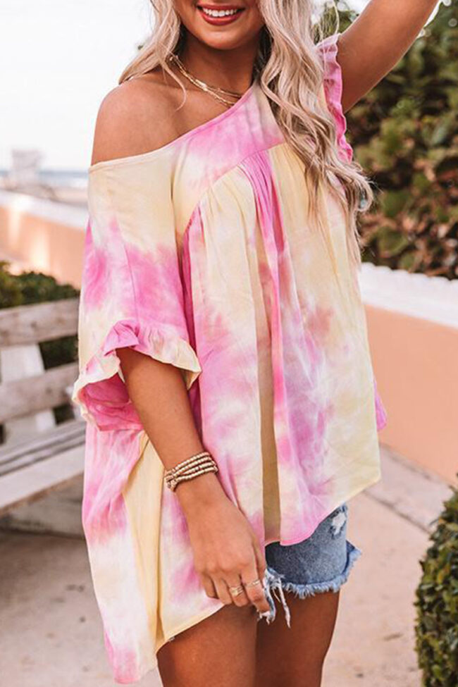 Fashion Street Tie Dye Split Joint O Neck Tops