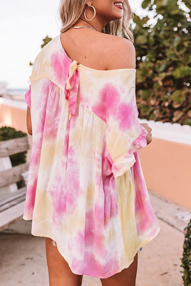 Fashion Street Tie Dye Split Joint O Neck Tops