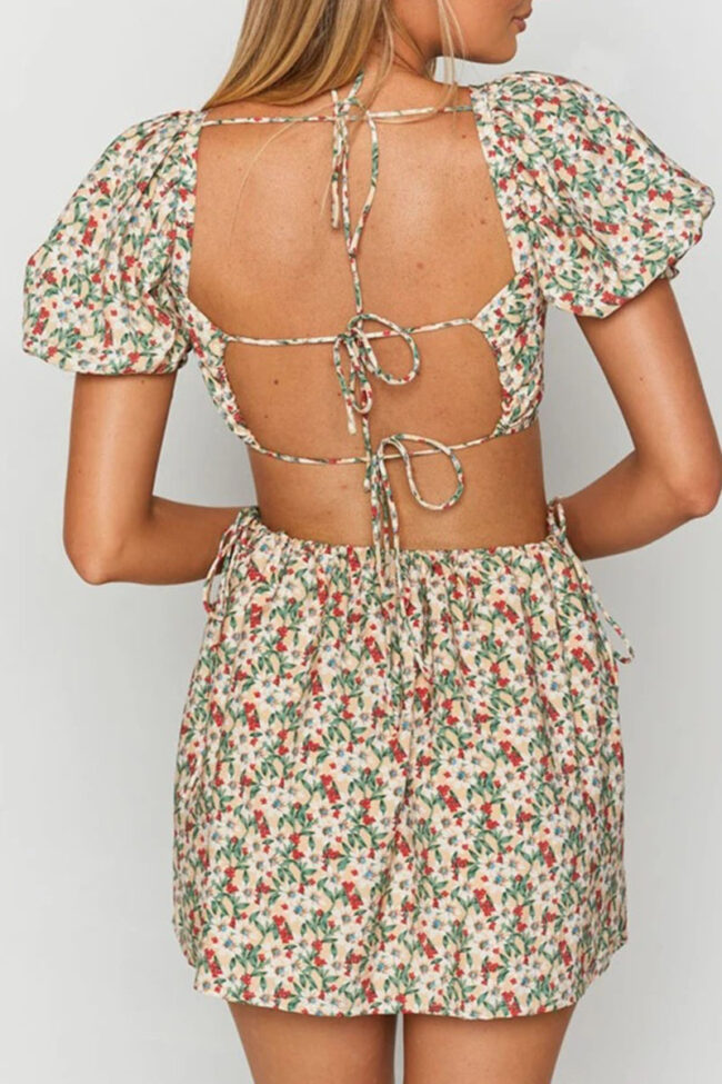 Fashion Sweet Print Backless Square Collar A Line Dresses