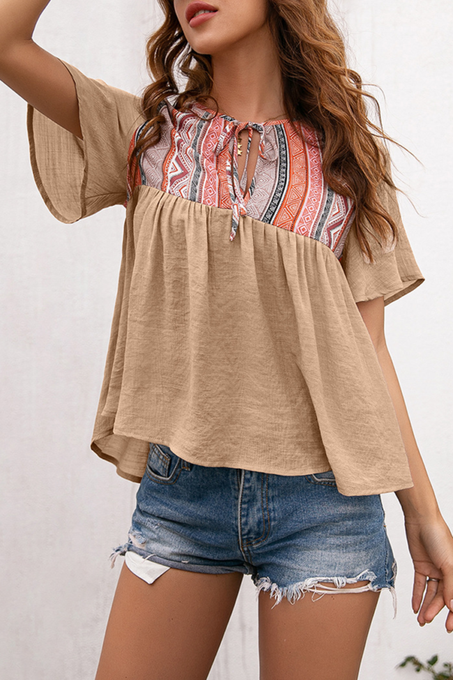 Casual Bohemian Patchwork Frenulum O Neck T-Shirts