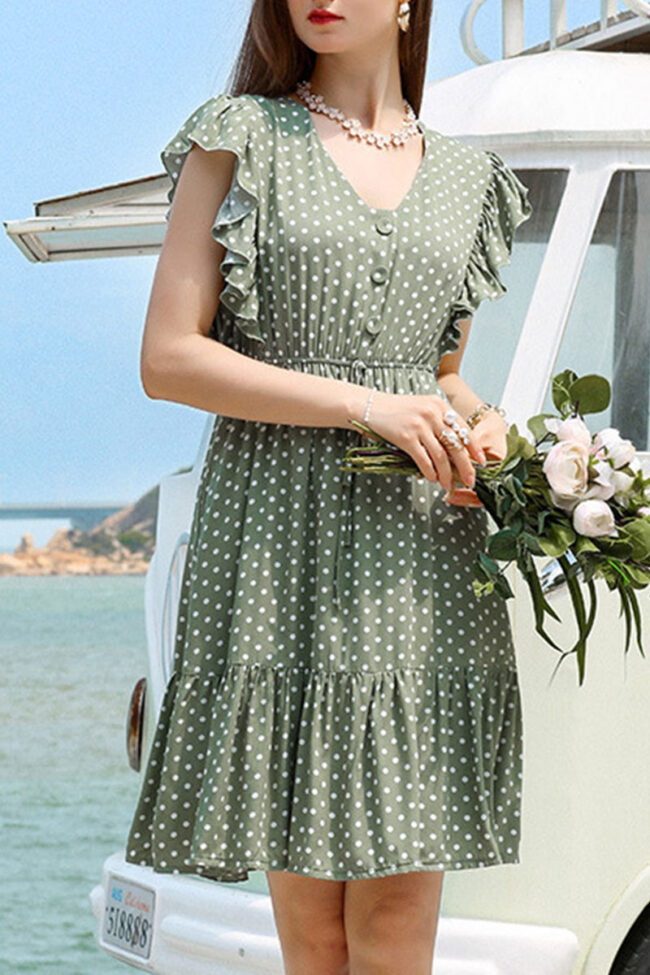 Fashion Sweet Polka Dot Split Joint V Neck Pleated Dresses