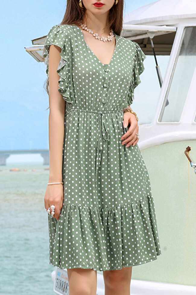 Fashion Sweet Polka Dot Split Joint V Neck Pleated Dresses