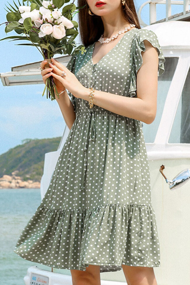 Fashion Sweet Polka Dot Split Joint V Neck Pleated Dresses