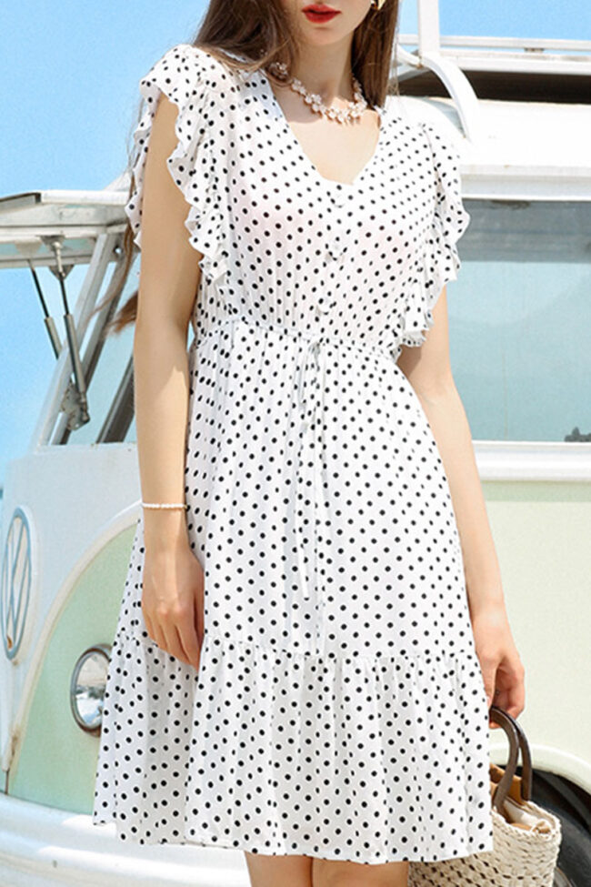 Fashion Sweet Polka Dot Split Joint V Neck Pleated Dresses