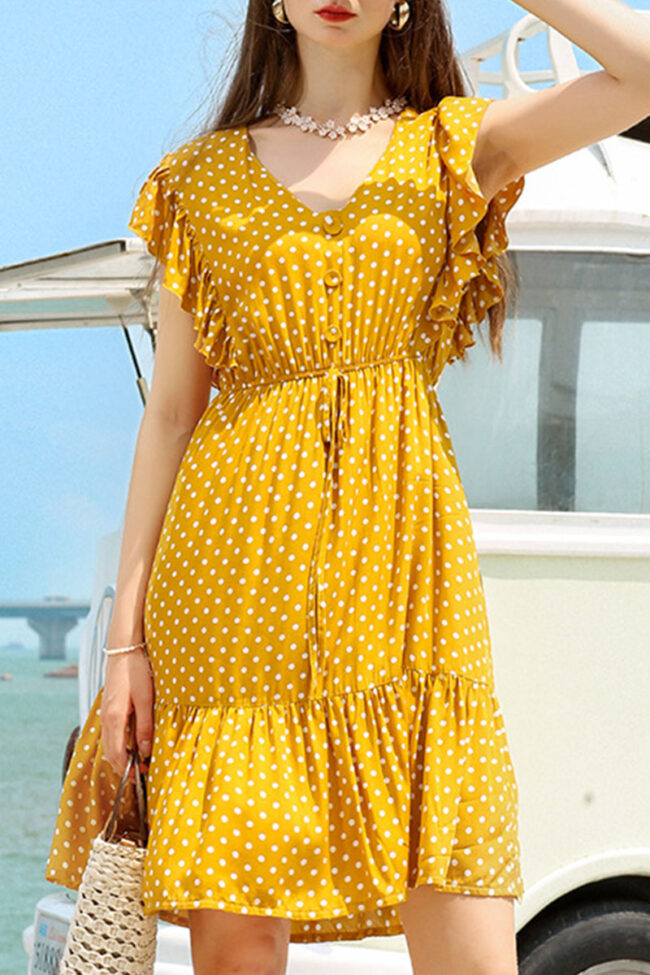 Fashion Sweet Polka Dot Split Joint V Neck Pleated Dresses