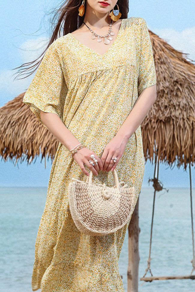 Fashion Vacation Print Split Joint V Neck Beach Dresses