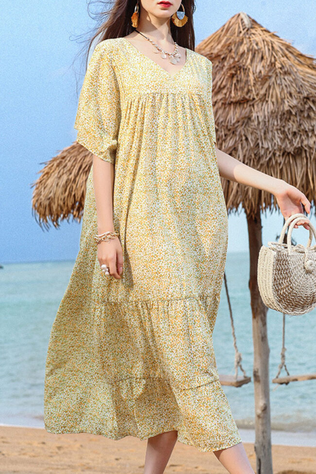 Fashion Vacation Print Split Joint V Neck Beach Dresses