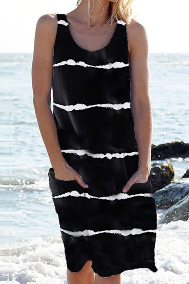 Fashion Casual Striped Split Joint O Neck A Line Dresses